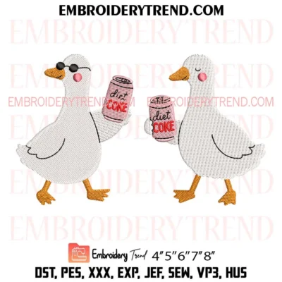 Cute Goose Drinking Diet Coke Embroidery Design, Funny Duck Duo PES Design File