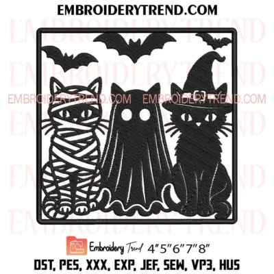 Halloween Cat Trio Silhouette Embroidery Design, Spooky Witch Mummy Ghost Cats PES File