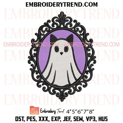 Halloween Ghost Cat Frame Embroidery Design, Spooky Halloween Machine Embroidery File