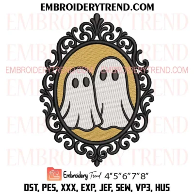 Halloween Ghost Couple Frame Embroidery Design, Cute Spooky Ghost Machine Embroidery File
