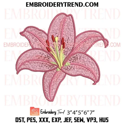 Pink Lily Flower Embroidery Design, Elegant Wedding Flower Pattern Pes Design File