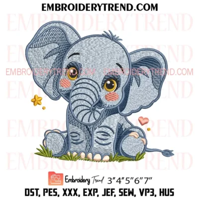 Adorable Gray Baby Elephant Embroidery Design, Cute Safari Animal Embroidery Digitized Pes Files