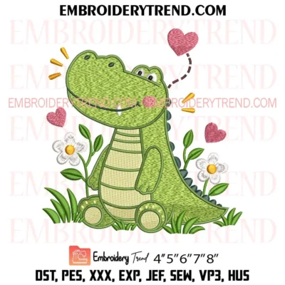Cute Crocodile Embroidery Design, Baby Crocodile Floral Animal PES Instant Download