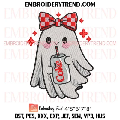 Cute Diet Coke Ghost Checkered Bow Embroidery Design, Halloween Gift Machine Embroidery Digitized Pes Files