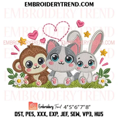 Cute Monkey Cat and Bunny Embroidery Design, Adorable Animal Friends with Hearts PES Instant Download