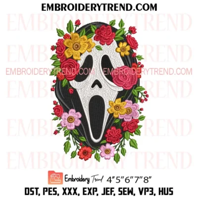 Floral Scream Mask Embroidery Design, Halloween Ghost Face with Roses and Sunflowers PES Files