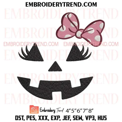 Girly Pumpkin Face Embroidery Design, Spooky Smile and Bow Embroidery Digitized Pes Files