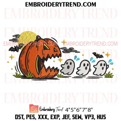 Jack O Lantern Chasing Three Cute Ghosts Embroidery Design, Halloween Pac Man Embroidery Digitized Pes Files