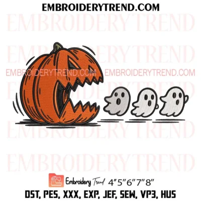 Pumpkin Eating Ghosts Embroidery Design, Halloween Ghost Pac Man Gamer PES Instant Download