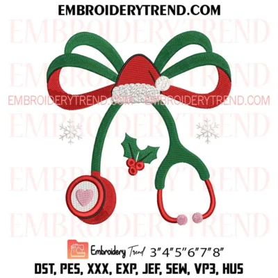 Santa Hat Stethoscope Embroidery Design, Christmas Nurs Machine Embroidery Digitized Pes Files