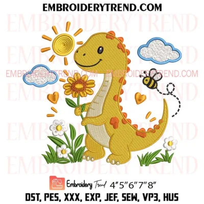 Smiling Yellow Dinosaur with Sunflower Embroidery Design, Cute Baby Dinosaur PES Instant Download