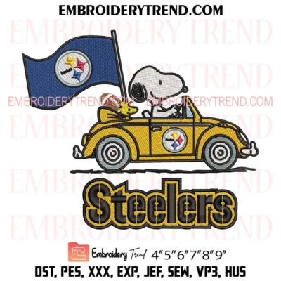Snoopy and Woodstock Driving Car Pittsburgh Steelers Embroidery Design, Fans Steelers Football Pes Design File