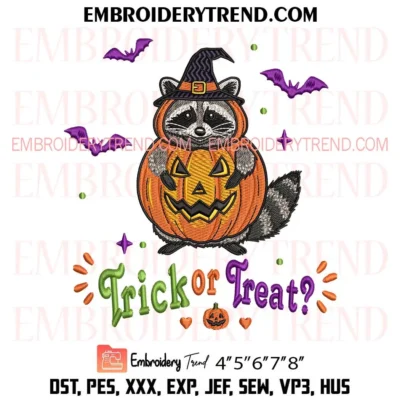 Trick or Treat Pumpkin Raccoon Embroidery Design, Witch Hat and Jack O Lantern Machine Embroidery Digitized Pes Files