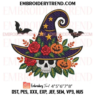 Witch Skull with Roses and Pumpkins Embroidery Design, Skull with Bats Halloween Machine Embroidery Digitized Pes Files